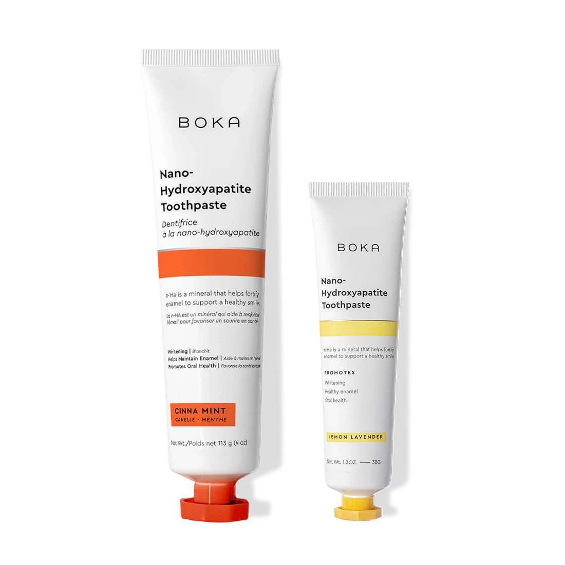 Two Boka Home & Away toothpaste tubes: large Cinna Mint and small Lemon Lavender.