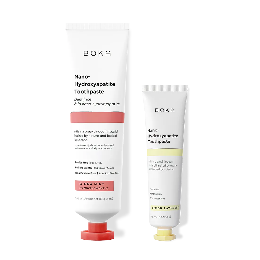 Home & Away: Two Boka toothpaste tubes with nano-hydroxyapatite, shown on a white background.