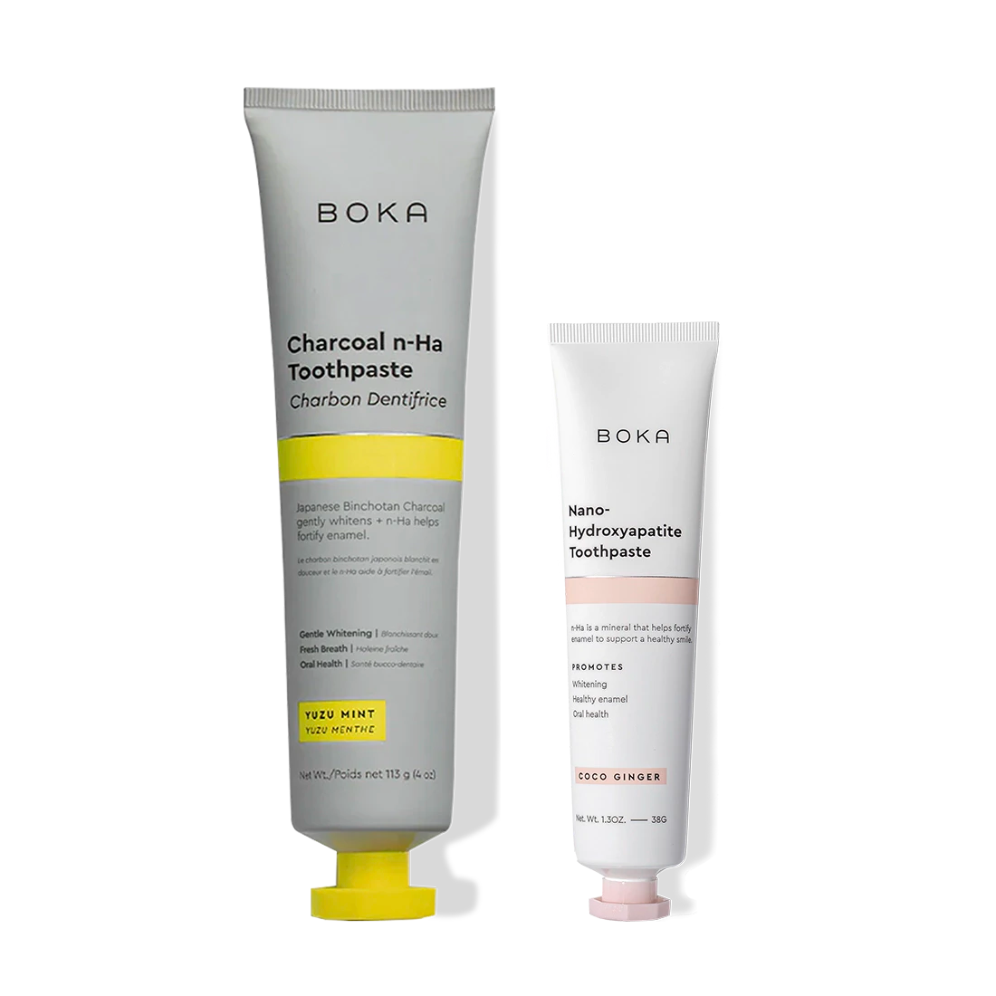 Boka Home & Away: two toothpaste tubes—charcoal n-HA and pink n-HA for strong enamel.