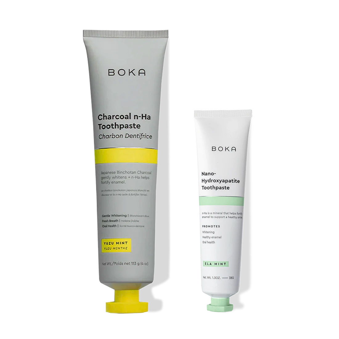 BOKA Home & Away: two toothpaste tubes with nano-hydroxyapatite to help strengthen enamel.
