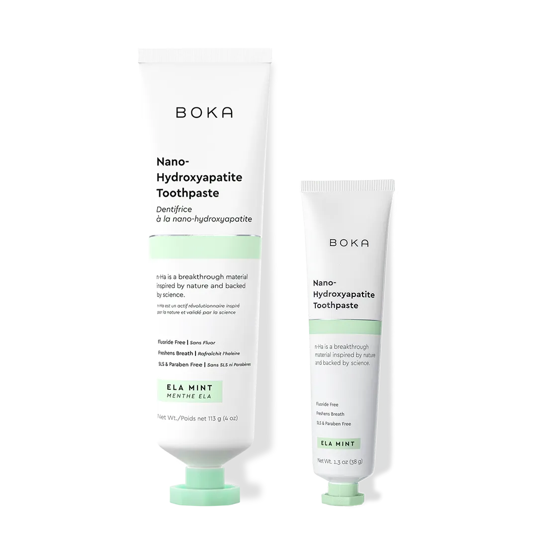 Home & Away: Two Boka toothpaste tubes with nano-hydroxyapatite, shown on a white background.