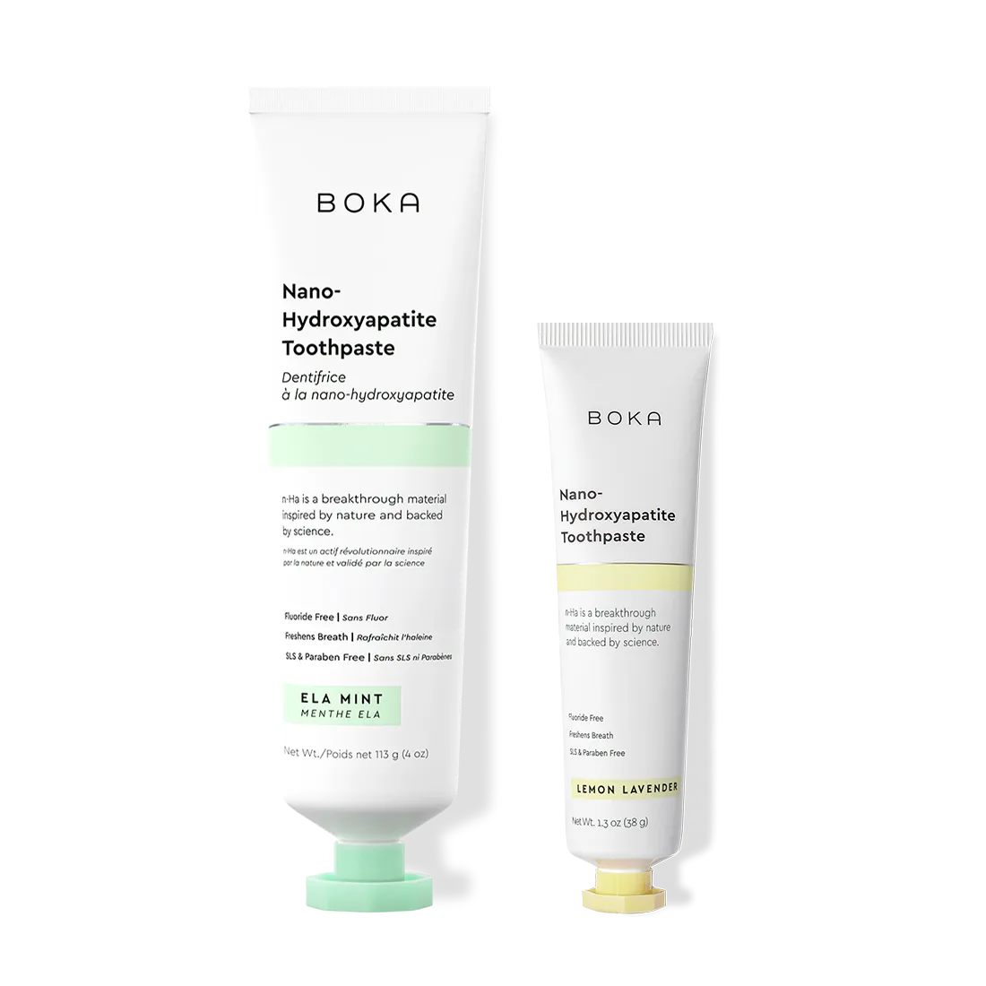 Home & Away: Two Boka toothpaste tubes with nano-hydroxyapatite, shown on a white background.