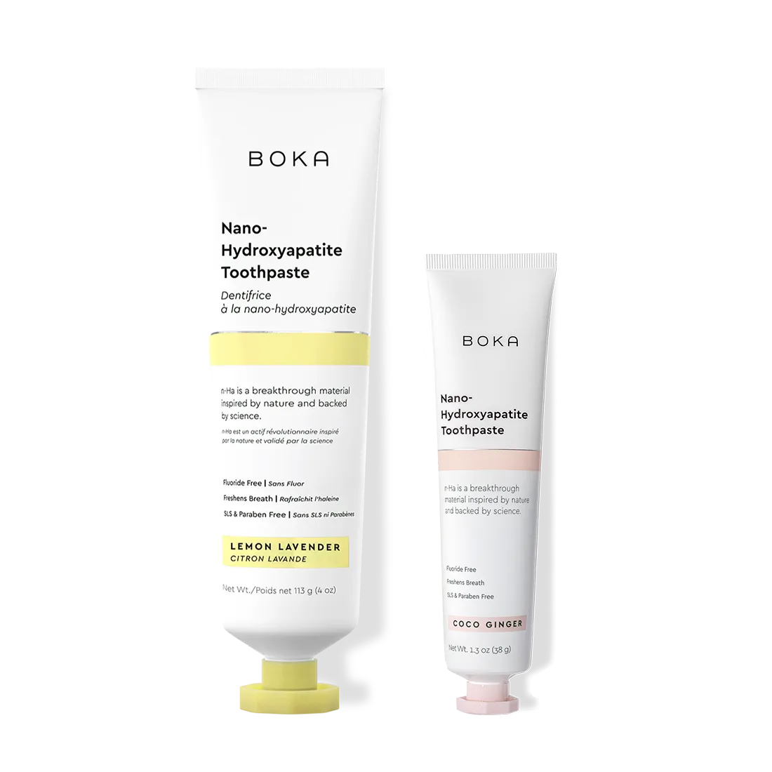 Home & Away: Two Boka toothpaste tubes with nano-hydroxyapatite, shown on a white background.