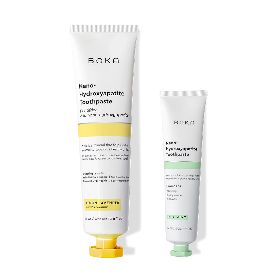 Two tubes of Boka Home & Away Toothpaste to remineralize teeth—lemon lavender and tea mint.