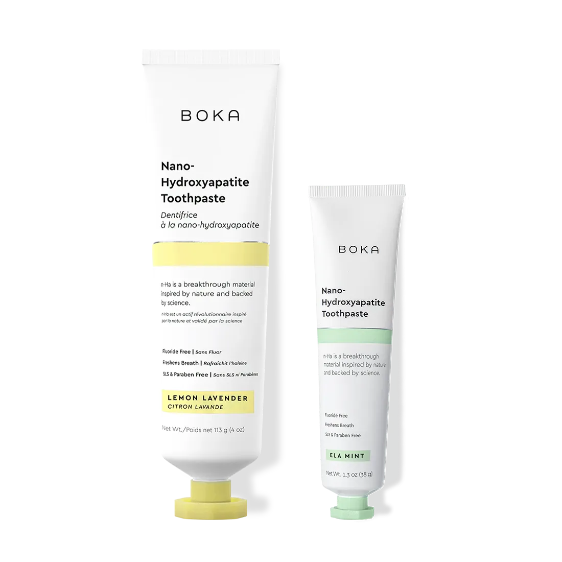 Home & Away: Two Boka toothpaste tubes with nano-hydroxyapatite, shown on a white background.