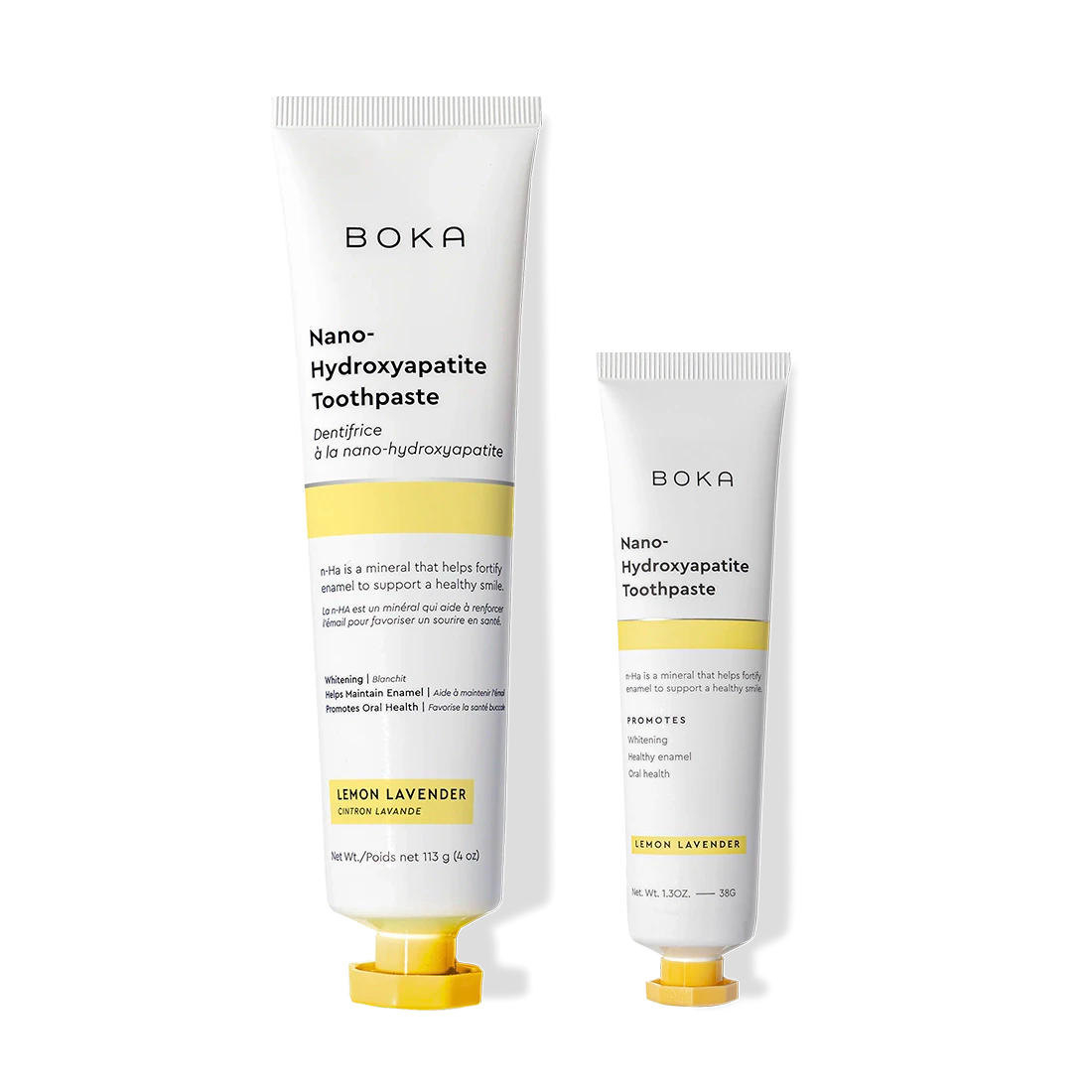 Two tubes of Boka Home & Away toothpaste to fortify enamel with nano-hydroxyapatite.