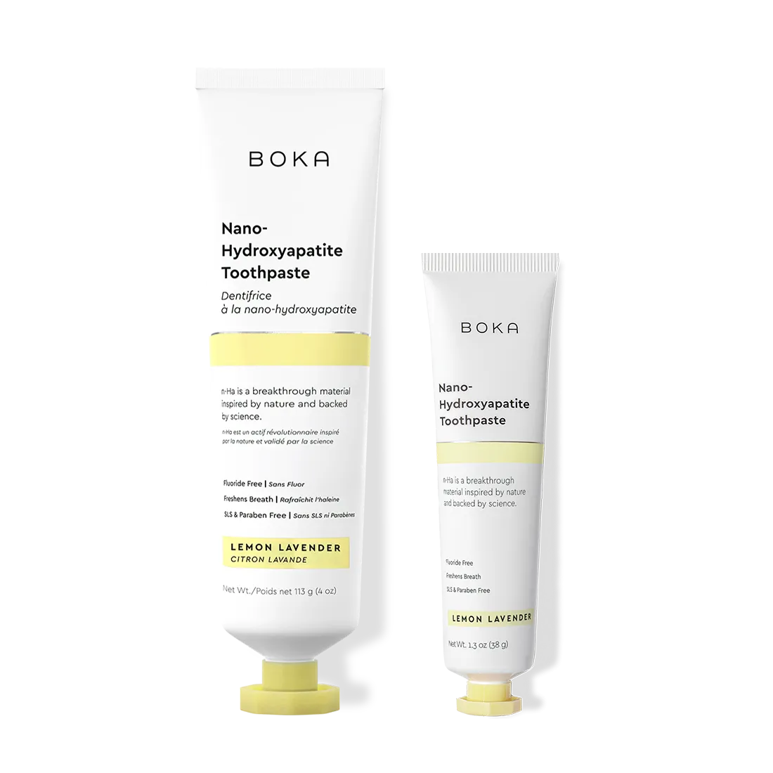 Home & Away: Two Boka toothpaste tubes with nano-hydroxyapatite, shown on a white background.