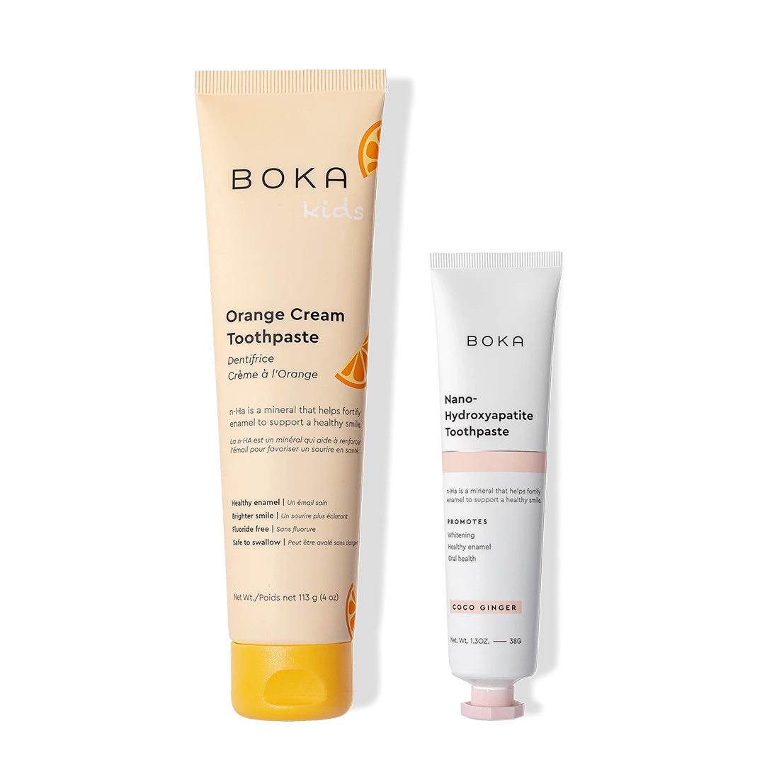Two Boka Home & Away toothpaste tubes fortify enamel and remineralize teeth on a white background.