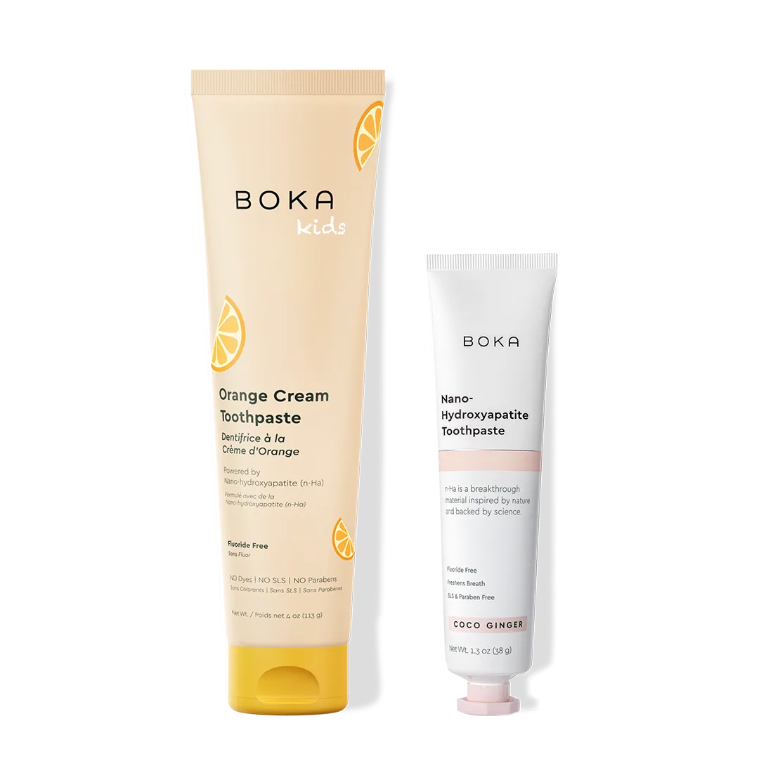 Home & Away: Two Boka toothpaste tubes with nano-hydroxyapatite, shown on a white background.