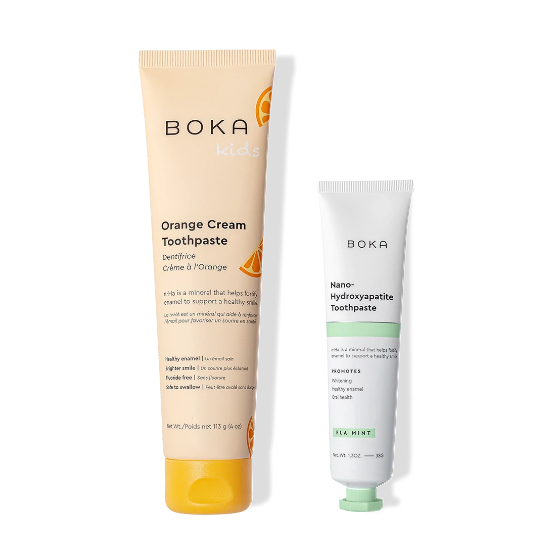Home & Away: two Boka toothpastes—orange cream for kids, mint for adults—fortify enamel.