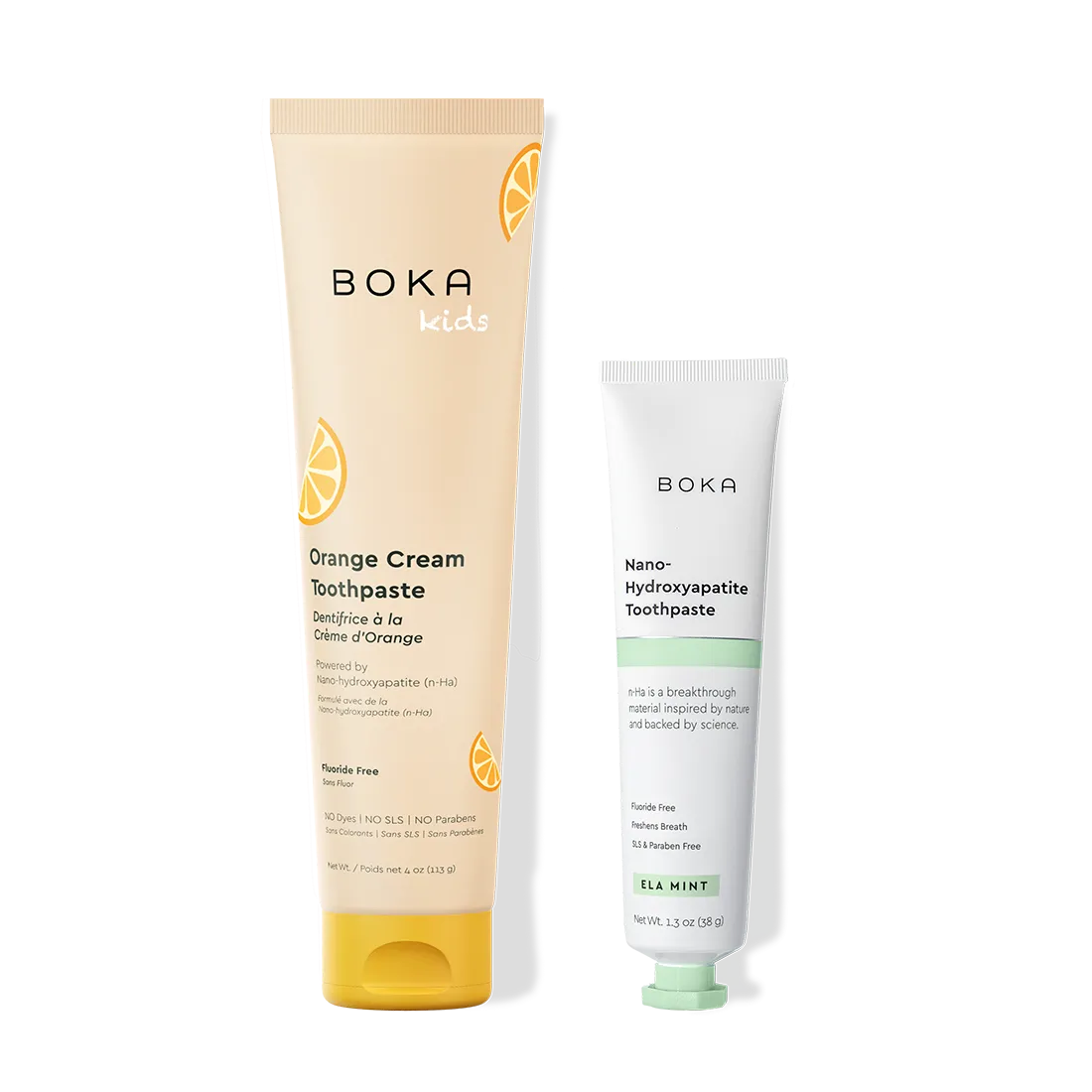 Home & Away: Two Boka toothpaste tubes with nano-hydroxyapatite, shown on a white background.