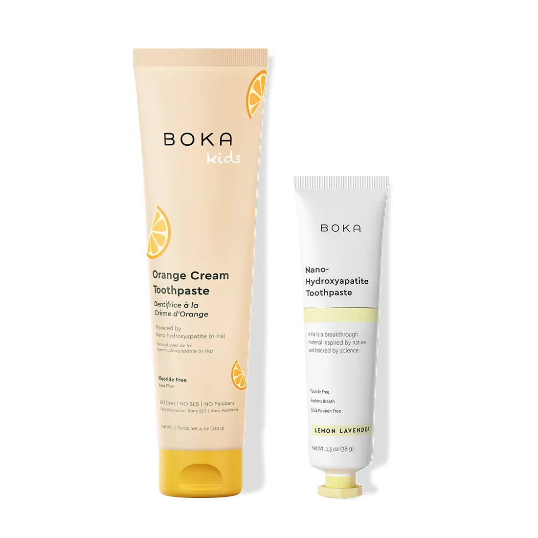 Home & Away: Two Boka toothpaste tubes with nano-hydroxyapatite, shown on a white background.