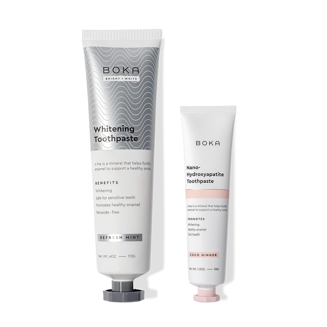 Two tubes of Boka Home & Away toothpaste to whiten, fortify enamel, and remineralize teeth.