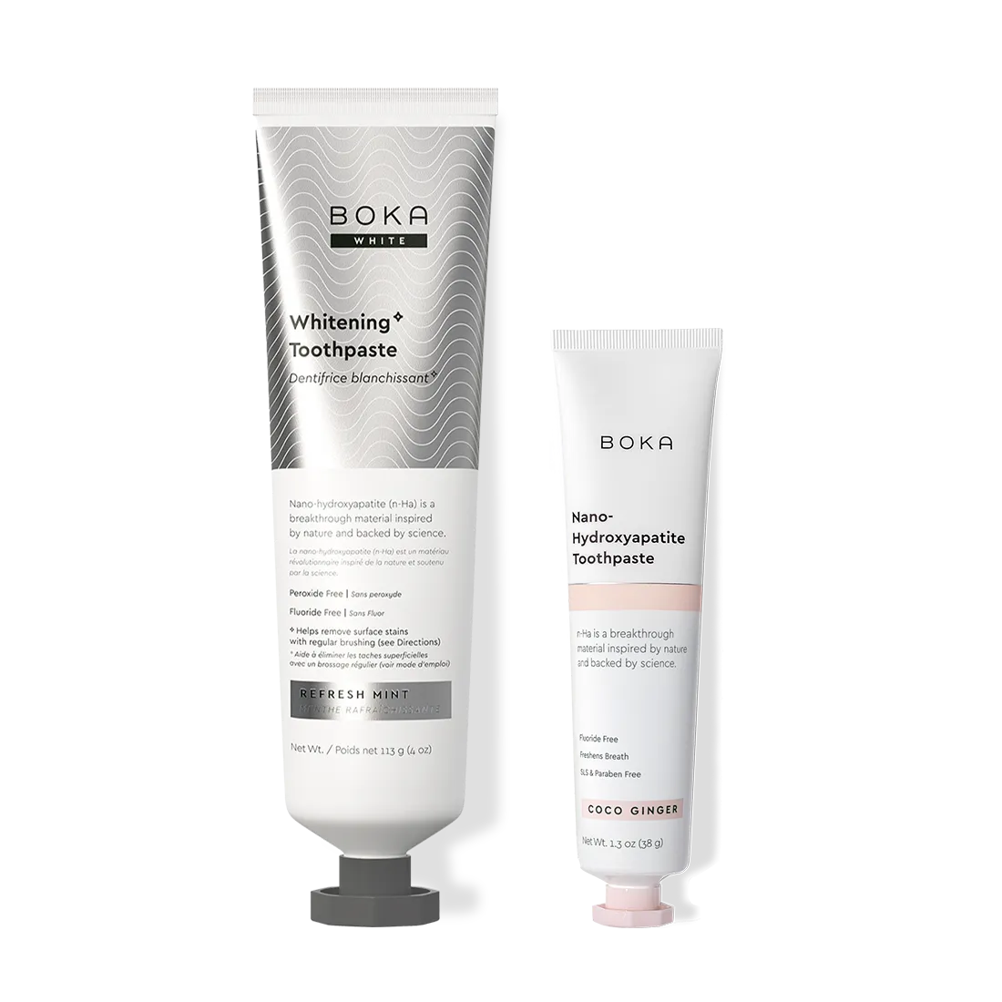 Home & Away: Two Boka toothpaste tubes with nano-hydroxyapatite, shown on a white background.