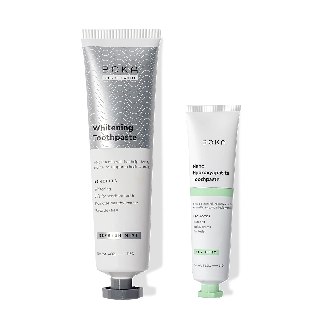 Gallery view - Boka Home & Away: Two toothpaste tubes, Whitening and Nano-Hydroxyapatite for remineralized teeth.