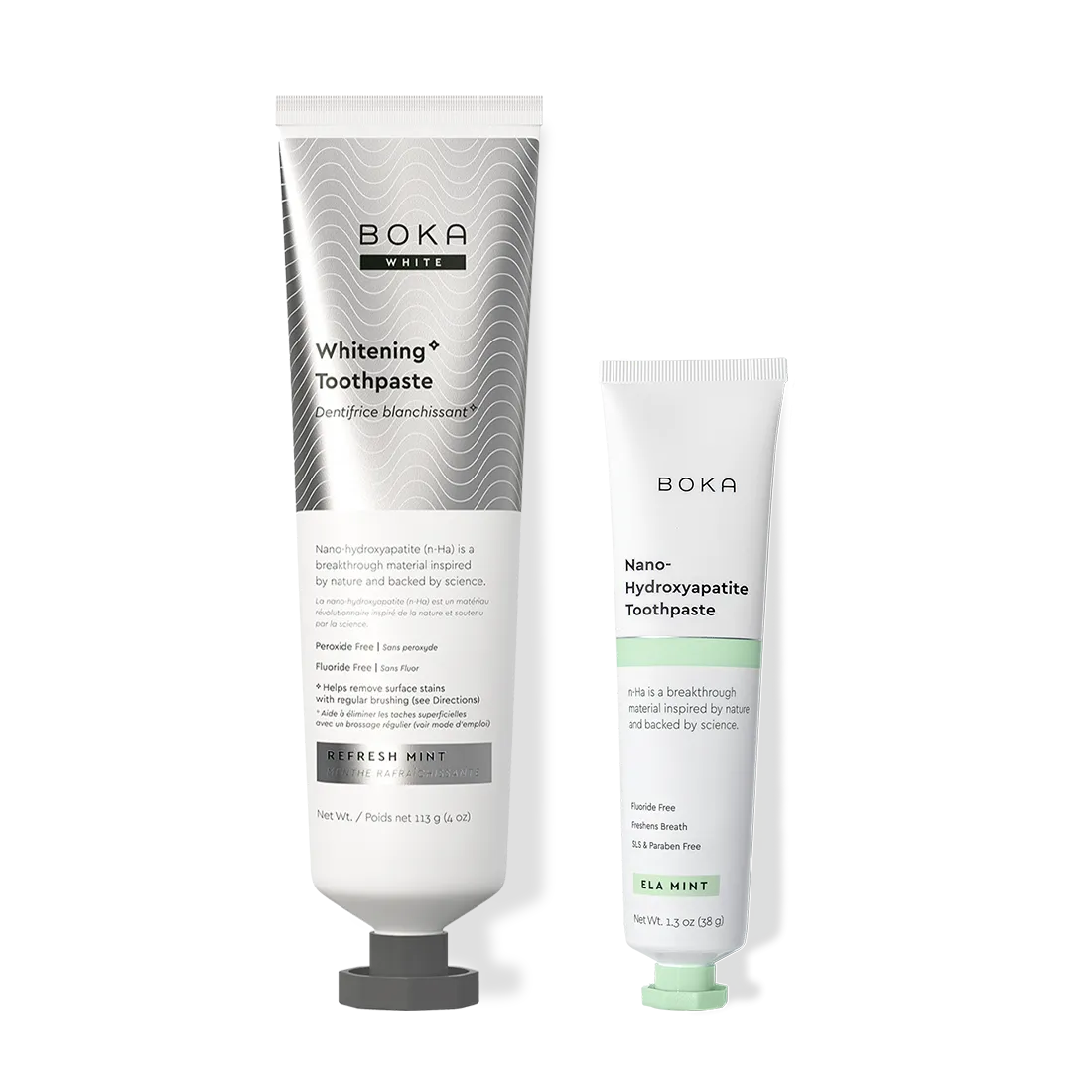 Home & Away: Two Boka toothpaste tubes with nano-hydroxyapatite, shown on a white background.