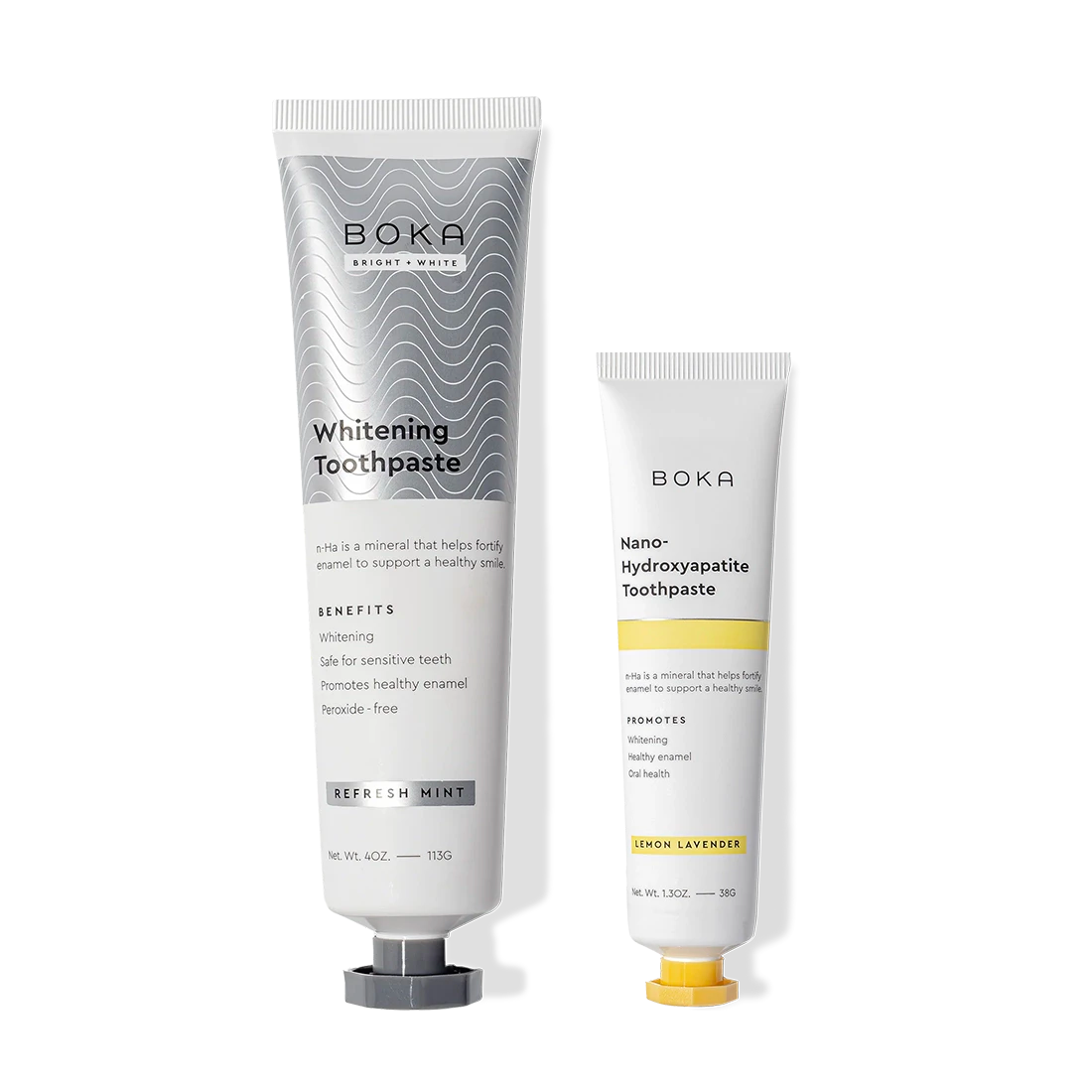 Boka Home & Away: Two toothpastes—Whitening and travel-size, both with enamel-fortifying nano-hydroxyapatite.