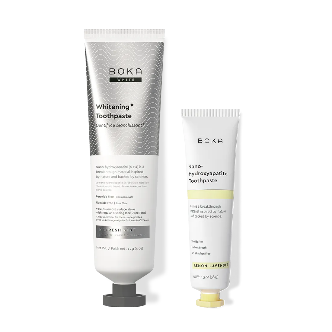 Home & Away: Two Boka toothpaste tubes with nano-hydroxyapatite, shown on a white background.