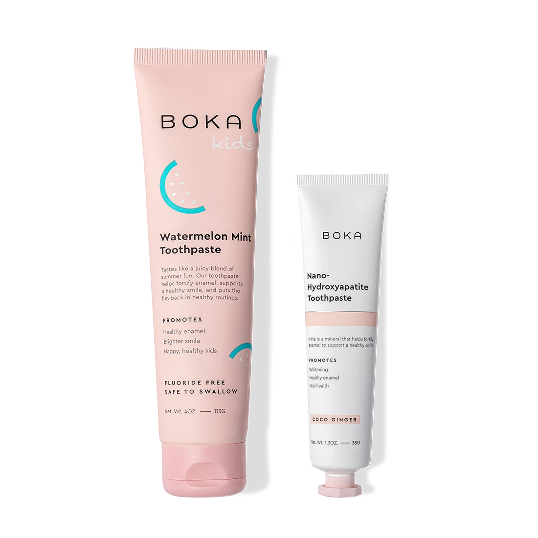Home & Away toothpaste duo—pink for kids, white for adults—helps remineralize teeth.