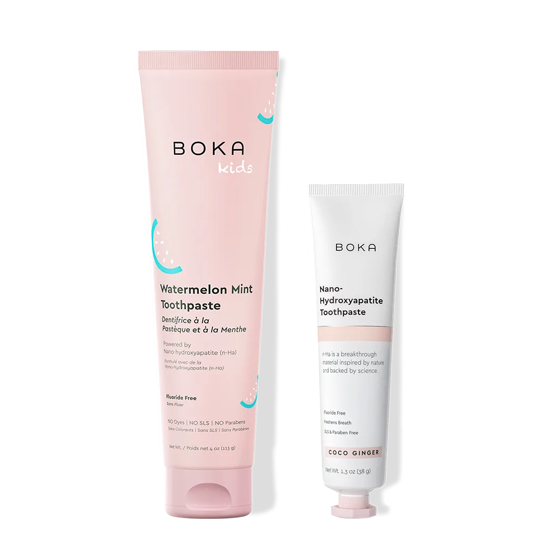 Home & Away: Two Boka toothpaste tubes with nano-hydroxyapatite, shown on a white background.