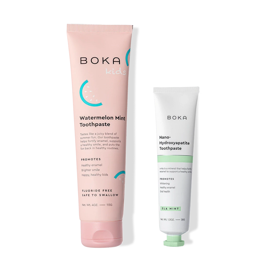 Two tubes of Boka Home & Away toothpaste: Watermelon Mint for kids, Tea Mint for adults.