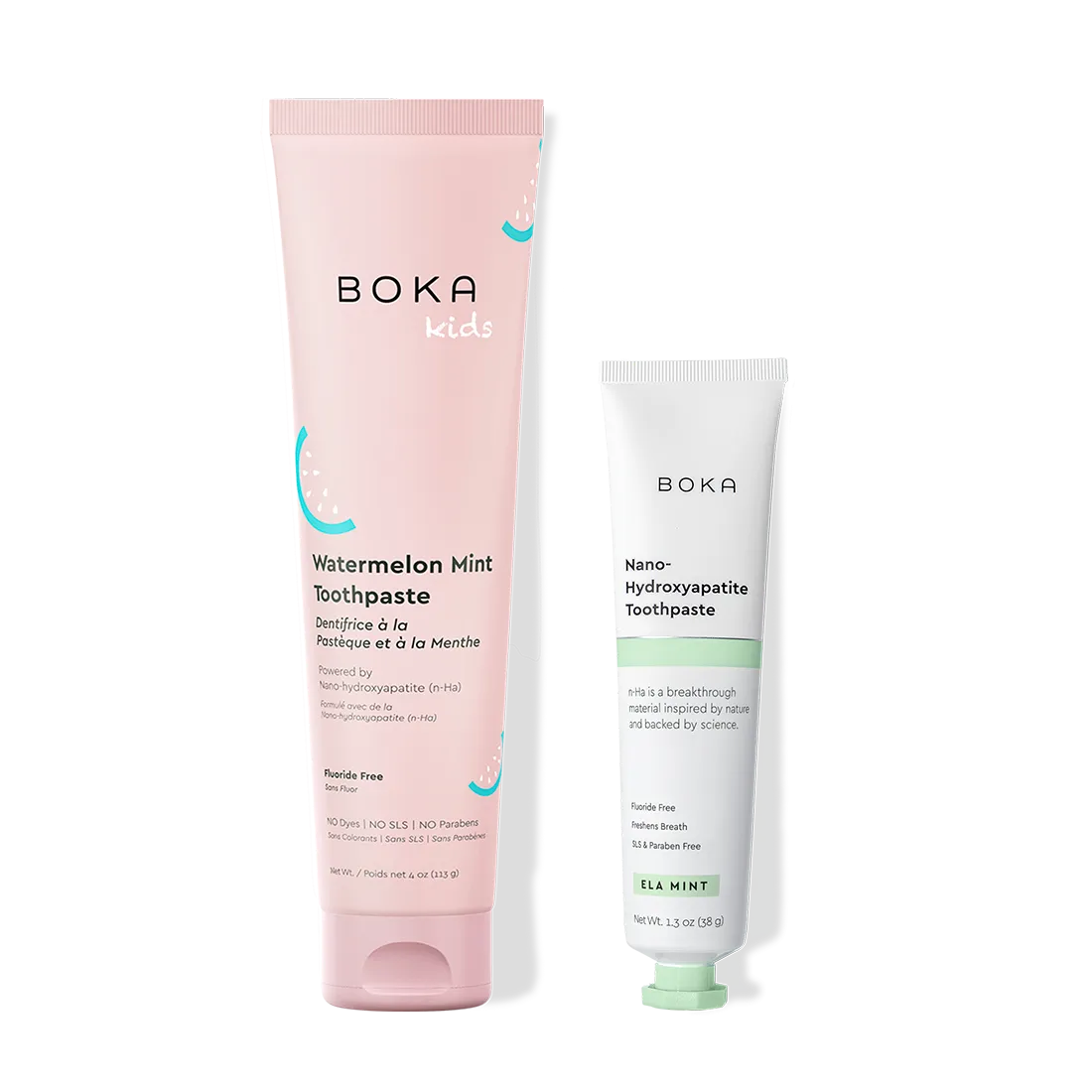 Home & Away: Two Boka toothpaste tubes with nano-hydroxyapatite, shown on a white background.