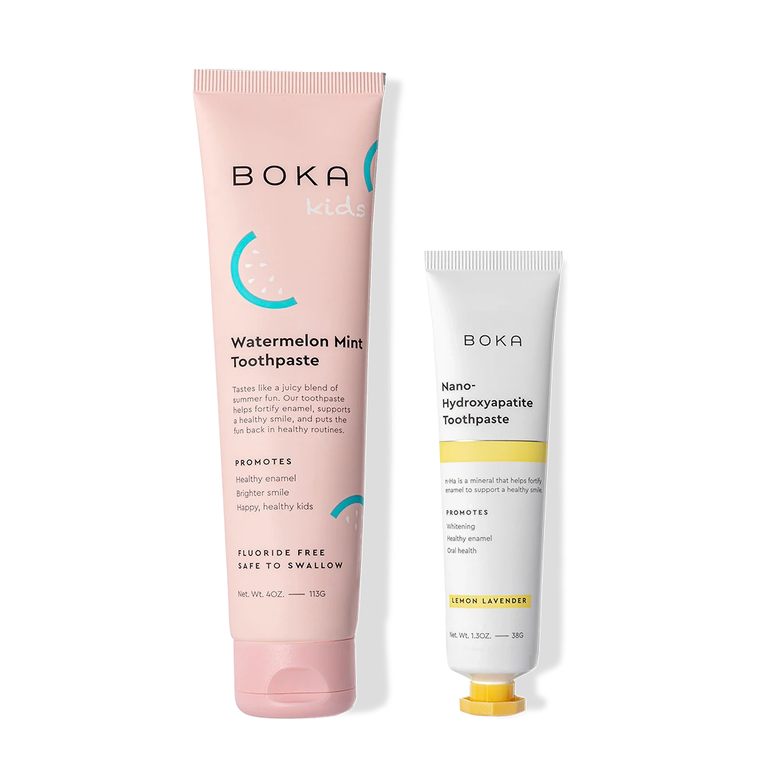Two Home & Away toothpaste tubes with nano-hydroxyapatite to support remineralization and strong enamel.