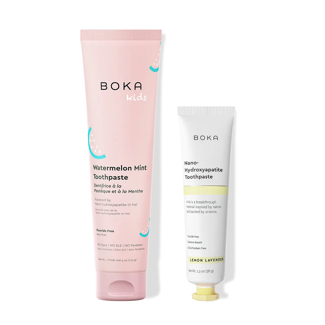 Home & Away: Two Boka toothpaste tubes with nano-hydroxyapatite, shown on a white background.