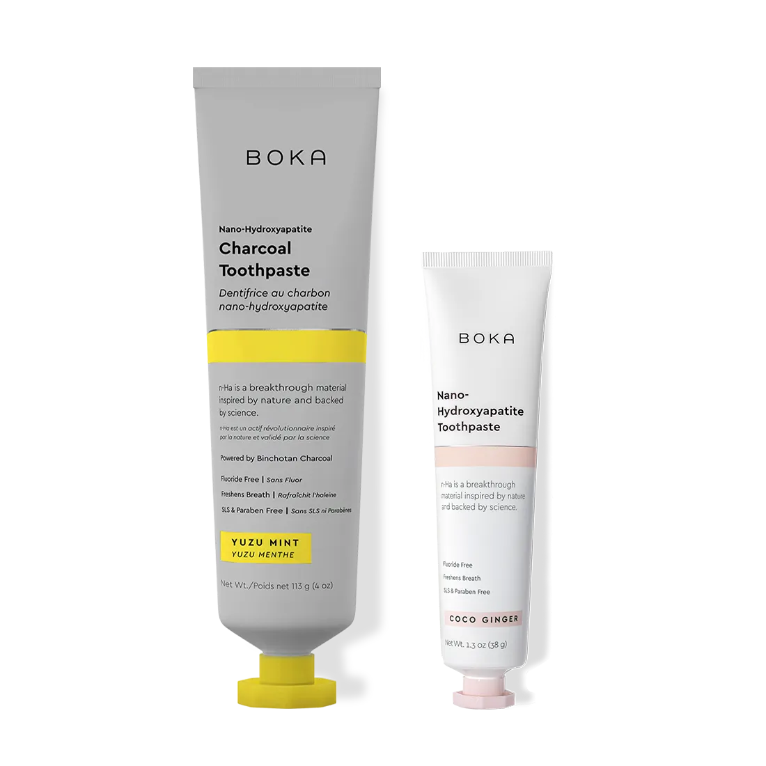 Home & Away: Two Boka toothpaste tubes with nano-hydroxyapatite, shown on a white background.