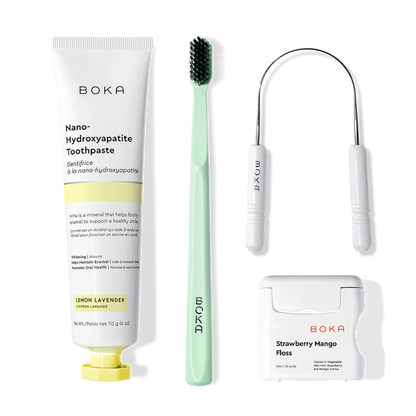 The Starter Kit includes nano-hydroxyapatite toothpaste, a green toothbrush, and dental floss.