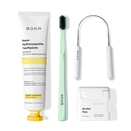 Starter Kit with n-Ha Toothpaste, charcoal bristles brush, tongue scraper, and floss.