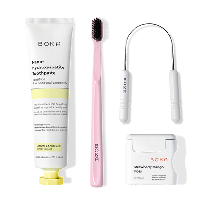 Starter Kit—nano-hydroxyapatite toothpaste, charcoal toothbrush, and floss for essential oral care.