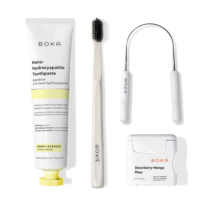 Starter Kit: nano-hydroxyapatite toothpaste, activated charcoal toothbrush, floss, and picks.