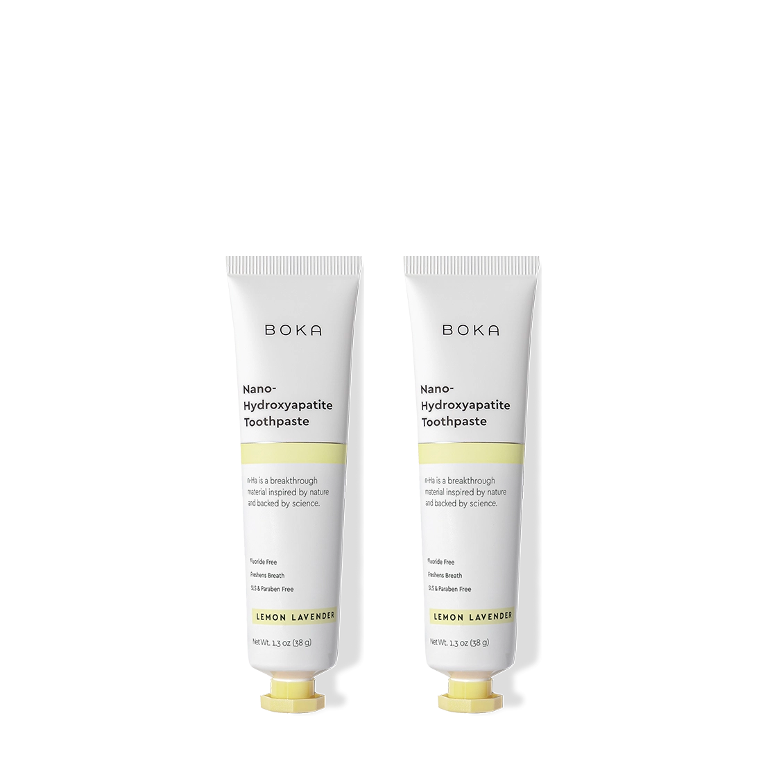 Two tubes of Boka Nano Hydroxyapatite Toothpaste on a white background