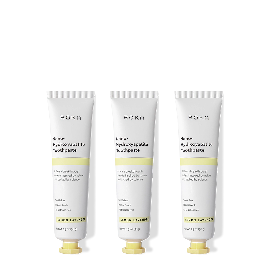 Three tubes of Boka Nano Hydroxyapatite Toothpaste on a white background