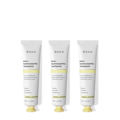 Three tubes of Boka Nano Hydroxyapatite Toothpaste on a white background