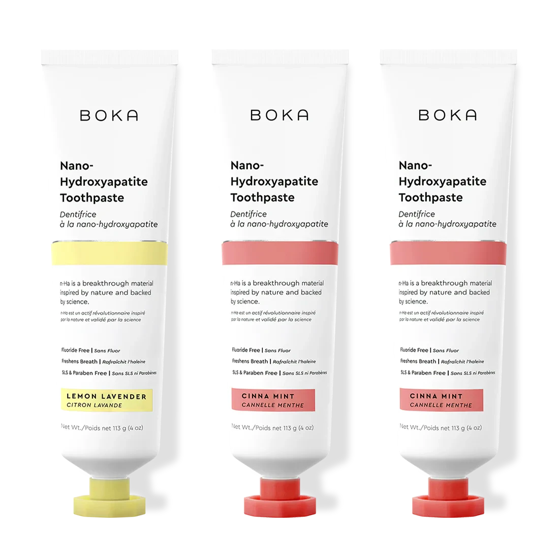 Three tubes of Boka Nano-Hydroxyapatite Toothpaste with different flavors on a white background.