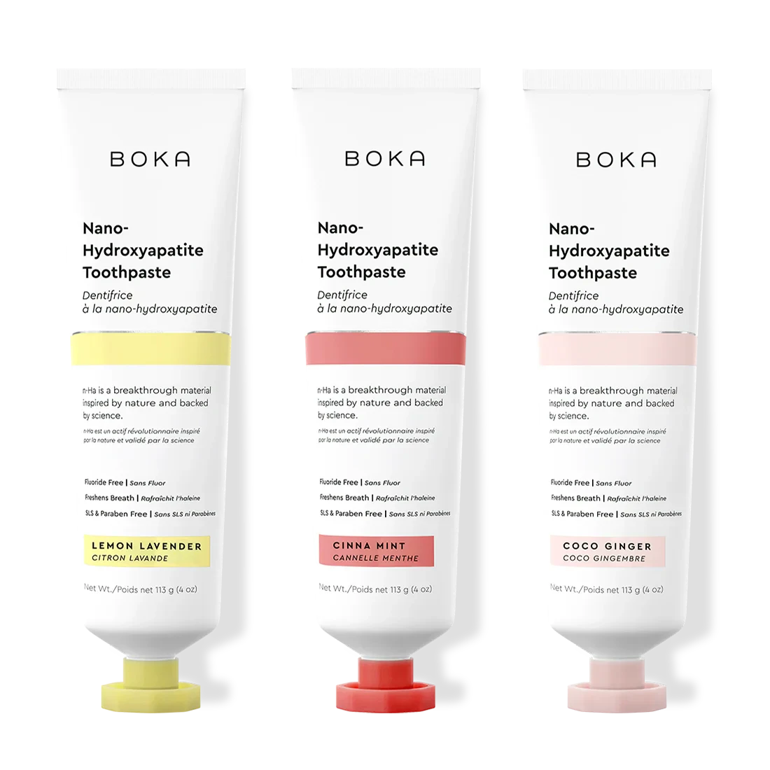 Three tubes of Boka Nano-Hydroxyapatite Toothpaste with different flavors on a white background.