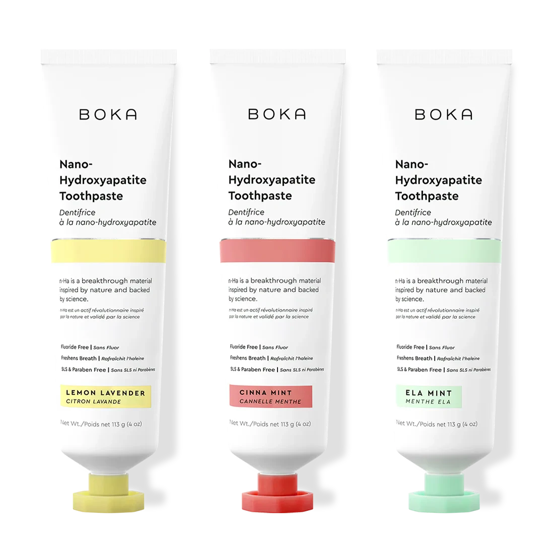 Three tubes of Boka Nano-Hydroxyapatite Toothpaste with different flavors on a white background.