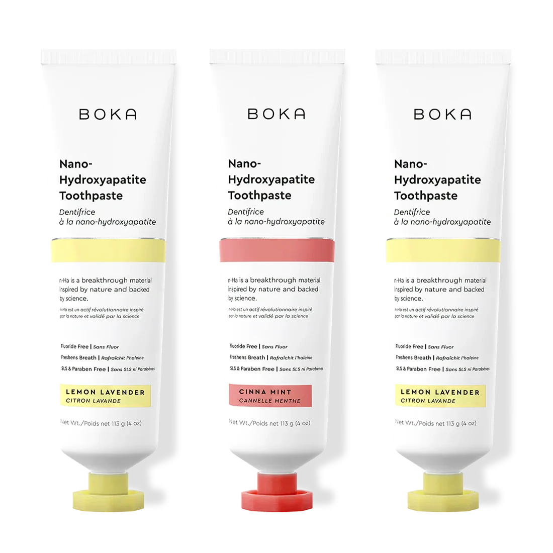 Three tubes of Boka Nano-Hydroxyapatite Toothpaste with different flavors on a white background.