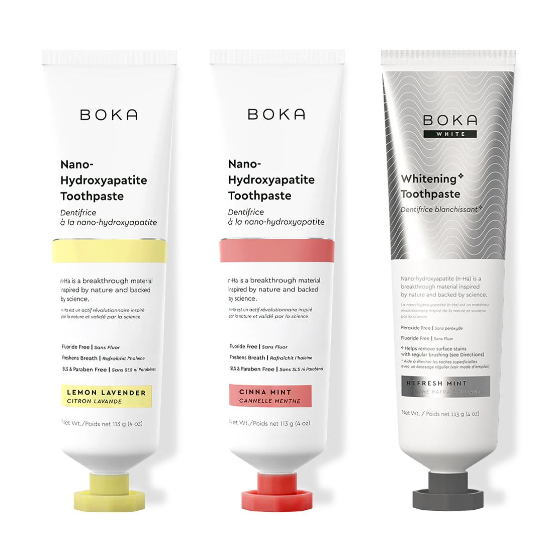 Three bottles of Boka Nano-Hydroxyapatite Toothpaste on a white background