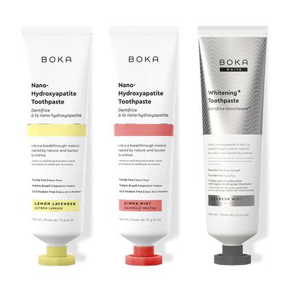 Three bottles of Boka Nano-Hydroxyapatite Toothpaste on a white background