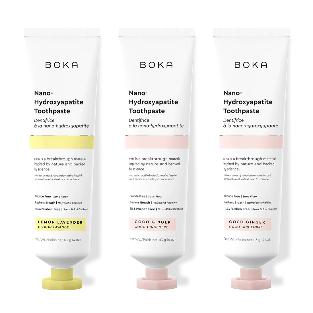 Three tubes of Boka Nano-Hydroxyapatite Toothpaste on a white background