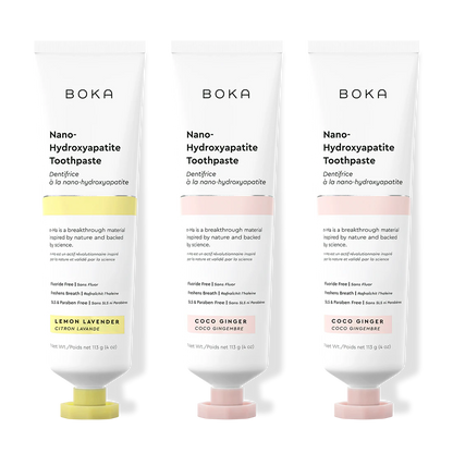 Three tubes of Boka Nano-Hydroxyapatite Toothpaste on a white background