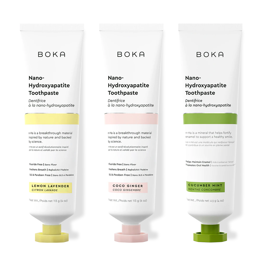 Three bottles of Boka Nano-Hydroxyapatite Toothpaste on a white background