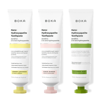 Three bottles of Boka Nano-Hydroxyapatite Toothpaste on a white background