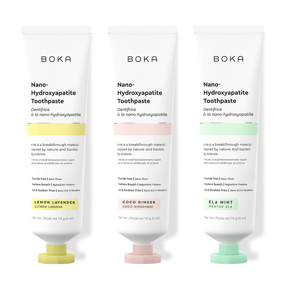 Three tubes of Boka Nano-Hydroxyapatite Toothpaste with different flavors on a white background.