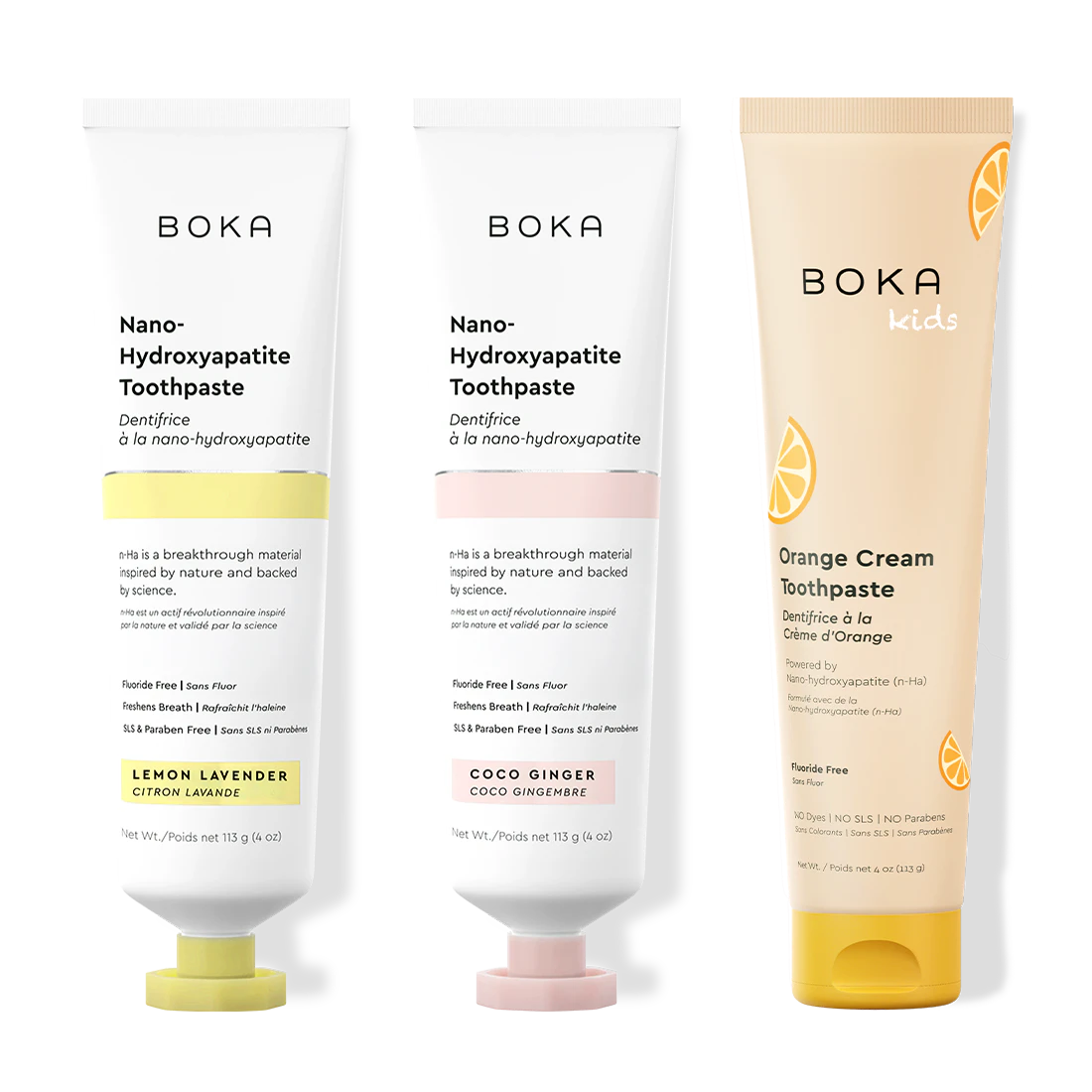 Three Boka toothpaste products on a white background