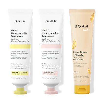 Three Boka toothpaste products on a white background