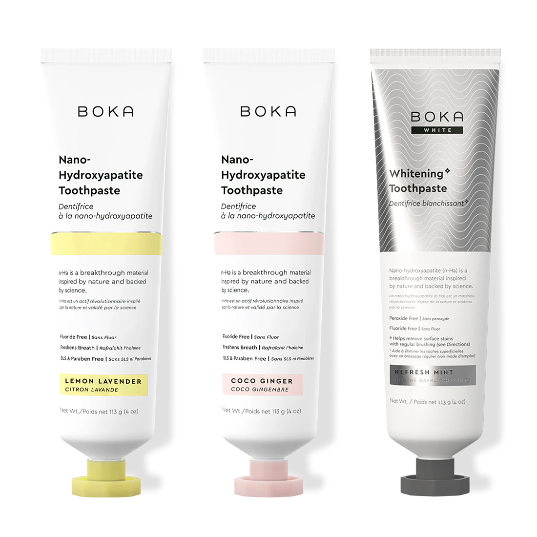 Three bottles of Boka Nano-Hydroxyapatite Toothpaste on a white background